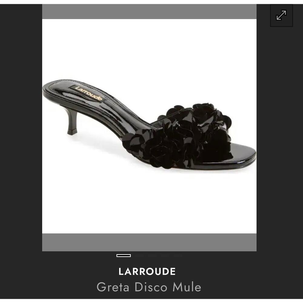 Larroude Greta Disco Mule 9.5 Black Patent Floral Disc Kitten Heel Sandals NWOB